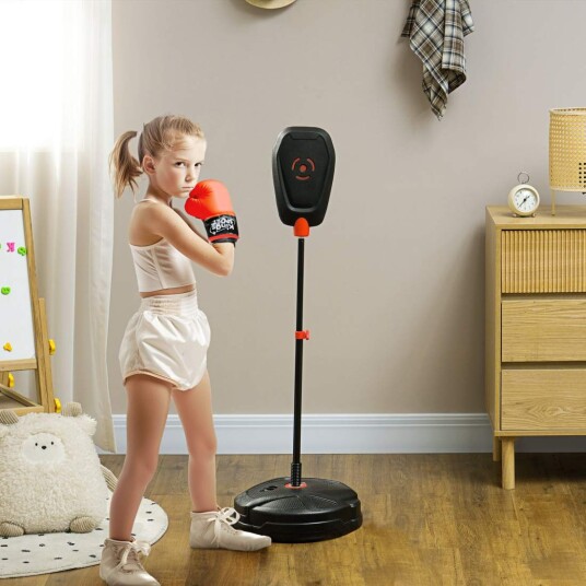 Boksepose 88-124 cm høydejusterbart boksestativ med boksehansker, boksesett med vann/sandfyllbart stativ for 5-10 år barn, stål, Boksepose 88-124 cm høydejusterbart boksestativ med boksehansker, boksesett med vann/sandfyllbart stativ for 5-10 år barn, stål,