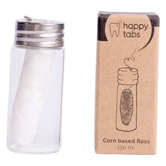 Bærekraftig tanntråd Happy Tabs 30 mtr. + Glassdispenser