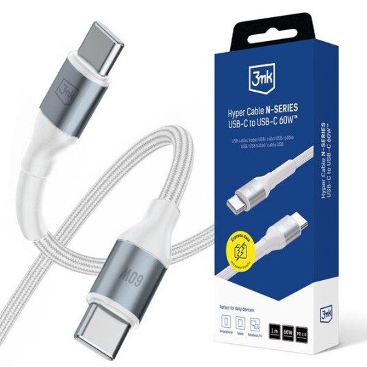 3mk Hyper Cable 3mk Hyper Cable N SERIES USB C / USB C 1m 20V/3A 60W / hvit