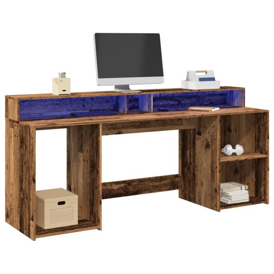 Skrivebord med LED-lys gammelt tre 200x55x91 cm konstruert tre