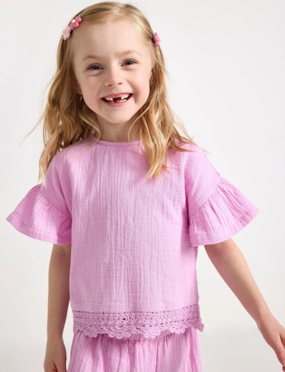 Lindex Short Sleeved Top In Cotton Gauze Purple 110 Lindex Short Sleeved Top In Cotton Gauze Purple 110