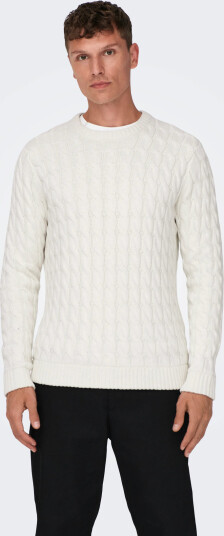 ONLY & SONS Onskicker Life Reg 3 Cable Crew Knit - White - L ONLY & SONS Onskicker Life Reg 3 Cable Crew Knit - White - L