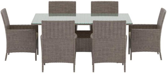 Lefkas hagesett bord 90x150cm 6 stoler brun. Lefkas hagesett bord 90x150cm 6 stoler brun.