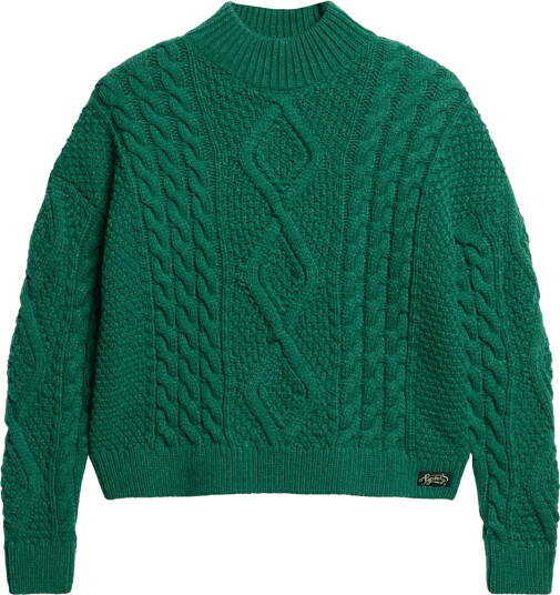 Superdry Aran Cable Knit Polo Jumper Green 12