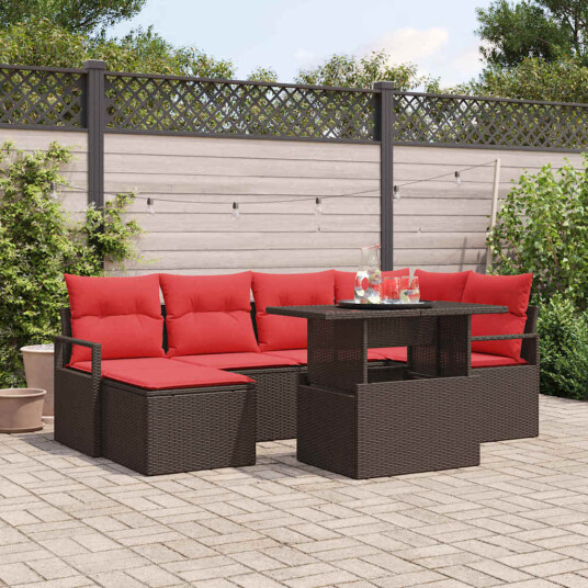 vidaXL Hagesofa Set 7 stk. Brun og rød Poly rattan