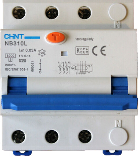 Chint JORDFEILAUTOMAT 3POL 20A C-KAR 30 mA 6kA 4mod IT/TT 230V - 1600115