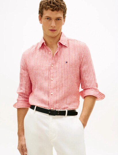 Tommy Hilfiger Linen Bengal Stripe Rf Shirt   Coral   XL