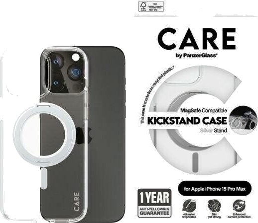CARE by PanzerGlass Gjennomsiktig Mobildeksel med Sølv Kickstand og MagSafe for iPhone 15 Pro Max