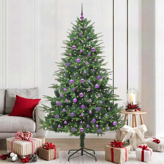 Kunstig forhåndsbelyst juletre med kule sett grønn 210 cm