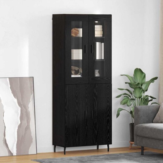 Høyskap 2 pcs Svart Eik Sponplater og glass