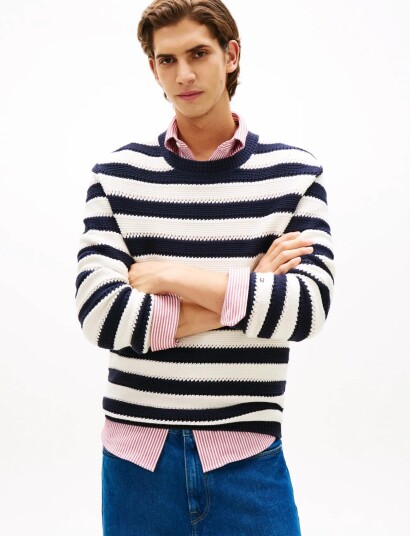 Tommy Hilfiger Crochet Block Stripe Crew Neck   Navy   XXL