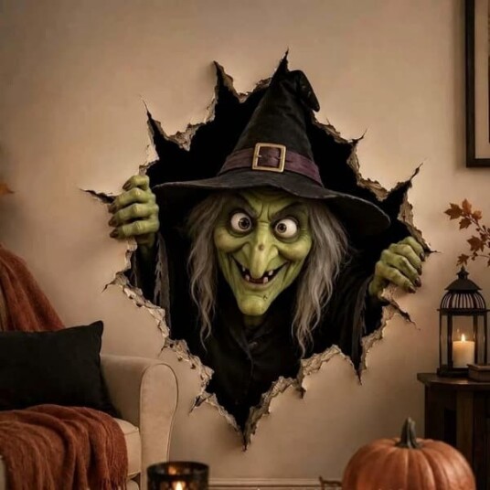 Halloween 3D Veggklistremerke med Krasjende Heks