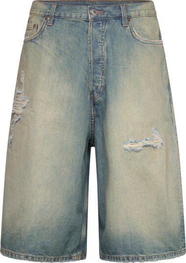 Weekday Void Mid Rise Loose Long Denim Shorts   Blue   27