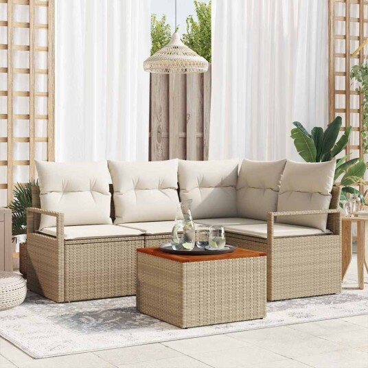 5-delt hagesofa sett med beige puter polyrotting og akasie