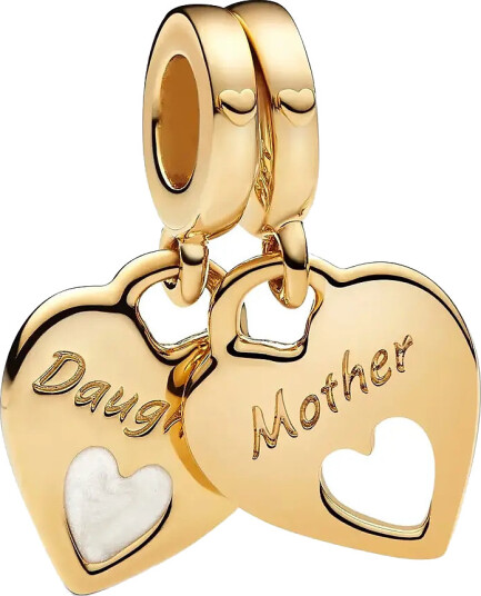 PANDORA Mother And Daughter Hearts 14K Gold Plated Split Dangle With Shimmering White Enamel Guld One Size