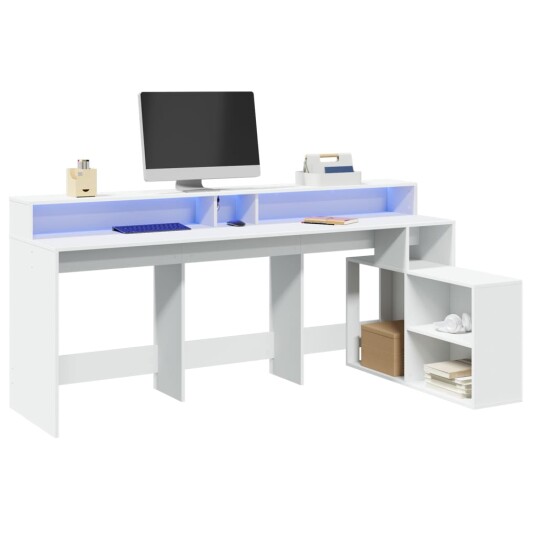 Skrivebord med LED-lys hvit 200x104x91 cm konstruert tre