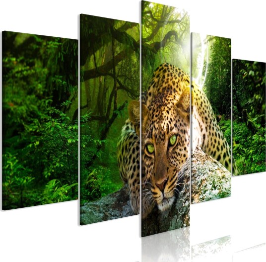 Bilde Leopard Lying 5 Parts Wide Green 200x100 Artgeist sp. z o. o.