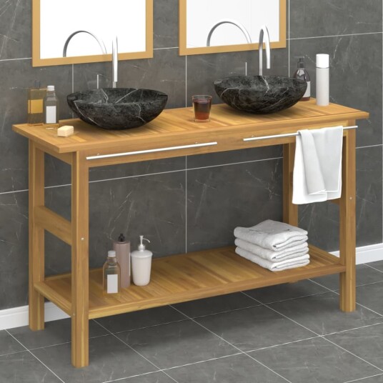  Baderomshylle med svarte marmorvasker heltre teak