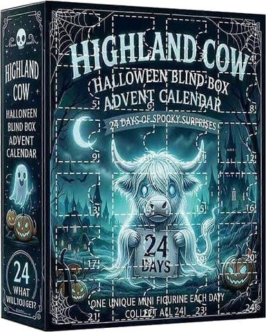 QingHai Highland Cow Halloween Adventskalender 2026 24 dagers nedtellingskalender med 24 akrylpynt samleobjekter for barn voksne[DB]