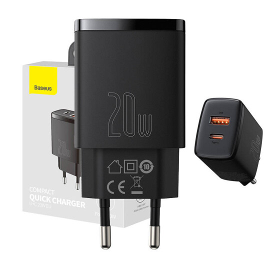 Baseus 20W Hurtiglader USB-C og USB-A kompakt sort