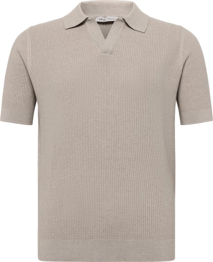 Mango Rib Knit Cotton Blend Polo Shirt Beige L