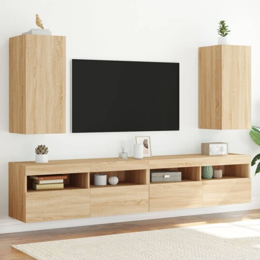 vidaXL Vegghengte TV-benker med LED 2 stk sonoma eik 30,5x35x70 cm 8721012258211