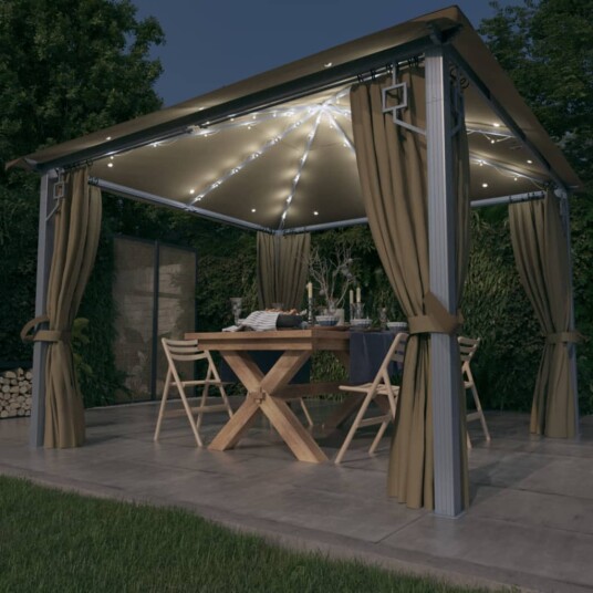 vidaXL Paviljong med gardin og LED-strenglys 3x3 m gråbrun aluminium vidaXL Paviljong med gardin og LED-strenglys 3x3 m gråbrun aluminium
