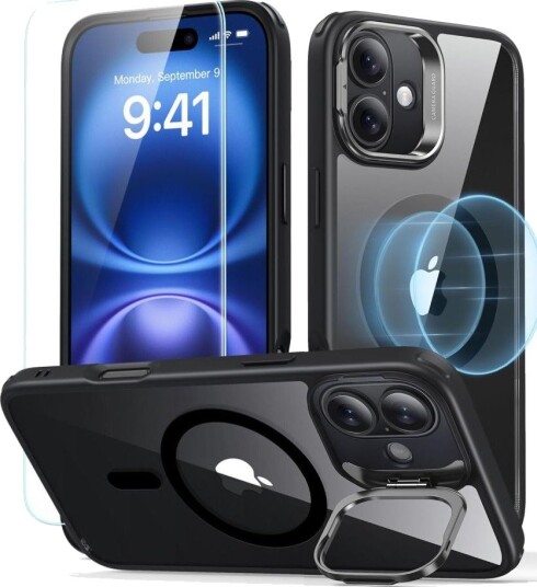 ESR Classic Hybrid Kickstand Halolock MagSafe Case Set + Tempered Glass for iPhone 16 - Black