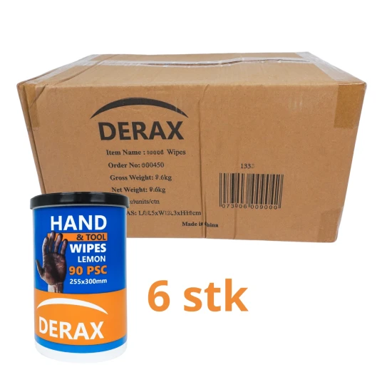 6 stk Derax hånd wipes med 90 ark 90stk ark størrelse 255 x 300 mm 6 stk Derax hånd wipes med 90 ark 90stk ark størrelse 255 x 300 mm
