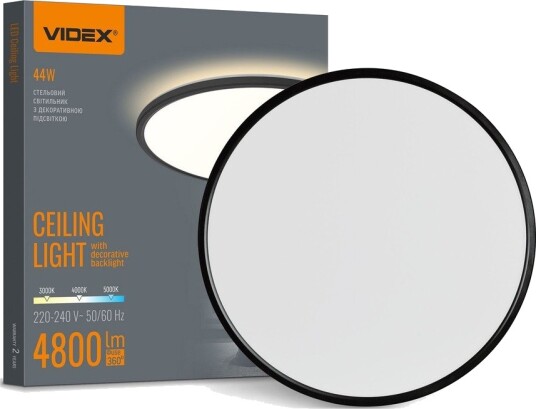 Videx 44W LED taklampe med backlight   Ø50cm IP54 sort 3 CCT 109lm/W inkl. lyskilde   Kulør : Nøytral