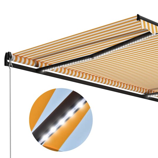 vidaXL Manuell uttrekkbar markise med LED 300x250 cm gul og hvit