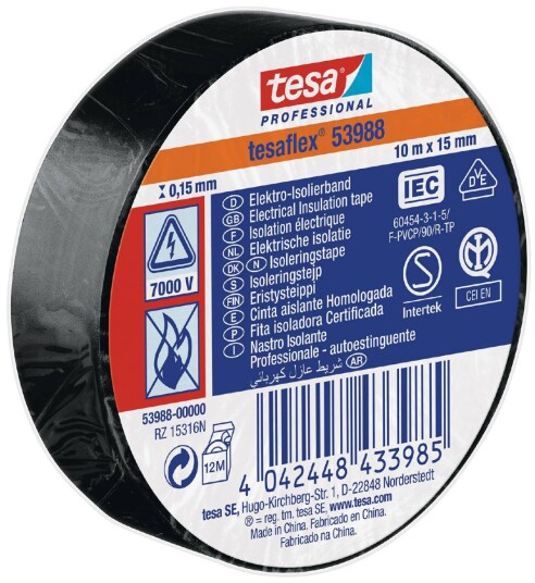 Tesa Isoleringstape 15mm x 10m Svart - Blødgjort PVC for Elektrikere og Håndverkere Tesa Isoleringstape 15mm x 10m Svart - Blødgjort PVC for Elektrikere og Håndverkere