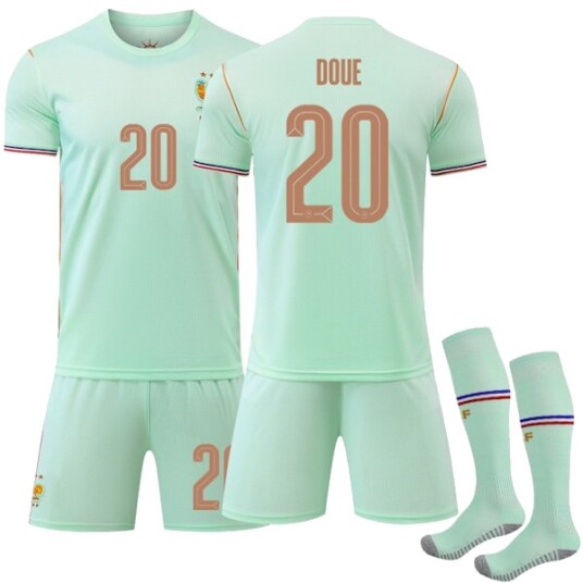 2026 World Cup Frankrike Bortetrøye Barn Voksen Fotballtrøye med Sokker Nr.20 DOUE S