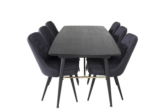 Venture Design Black Veneer & Velvet spisegruppe Svart/svart 6 st stoler & bord 180 x 85 cm