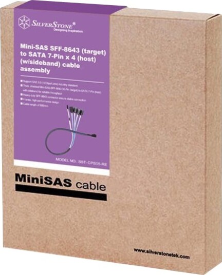 Silverstone Cps05 Sata Kabel Med Sidebånd Sas 12Gbit/S 4 Spors 4 X Mini Sas Hd Sff 8643 Hann Til Sata Hunn 60 Cm Svart