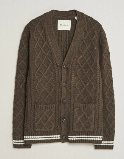 Gant Wool Cable Knitted Cardigan Shadow Brown