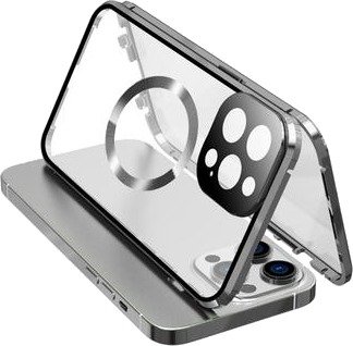 Dobbeltsidig herdet glass + magnetisk metallramme Anti-Drop Case for iPhone 15 Kompatibel med MagSafe Phone Cover med spennelås -