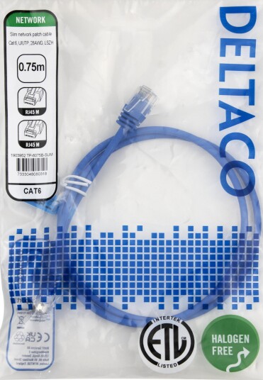 DELTACO Nettverkskabel Cat6 U/UTP AWG28 LSZH 0,75 m Blå
