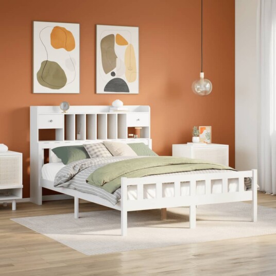  Seng med bokhylle uten madrass hvit 160x200 cm heltre furu 8721158609649