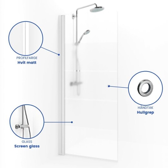 Macro Design Spirit Dusjdør Rett - med Hullgrep Hvit Matt / 87cm Screen Glass