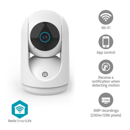 Nedis SmartLife 3MP Innendørs Kamera med Pan/Tilt og Nattsyn - Hvit