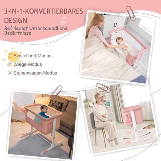 3 i 1 justerbar babyseng – rosa bærbar og koselig