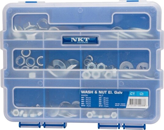 Nkt Fasteners Sortimentsboks Med 108 Skiver Og 108 Muttere Sølv M4 M5 M6 M8 M10