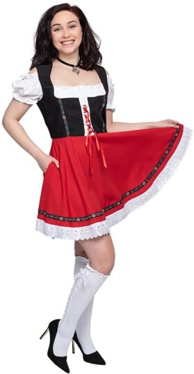 Haus Huberts V.O.F Oktoberfestkjole Gabi Kort, Svart med rødt skjørt, Str. 42