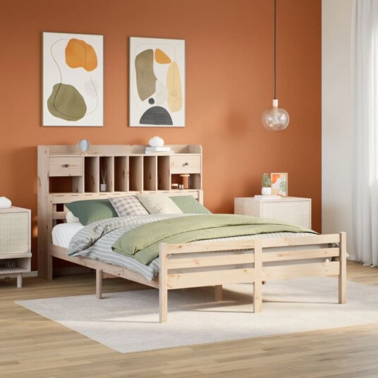 Seng med bokhylle uten madrass 150x200 cm heltre furu 8721158610522