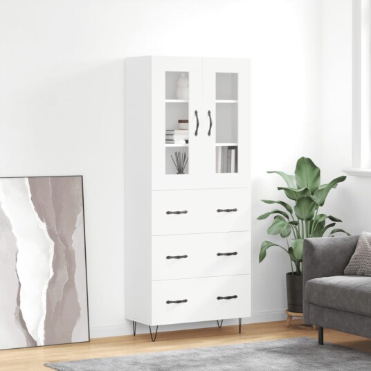 Highboard hvit 69,5x34x180 cm konstruert tre