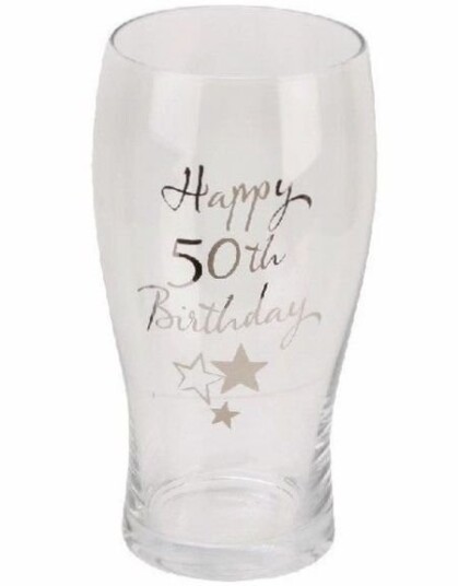 Happy 50th Birthday Ølglass med Sølvfarget Tekst og Motiver i Gaveeske 16 cm