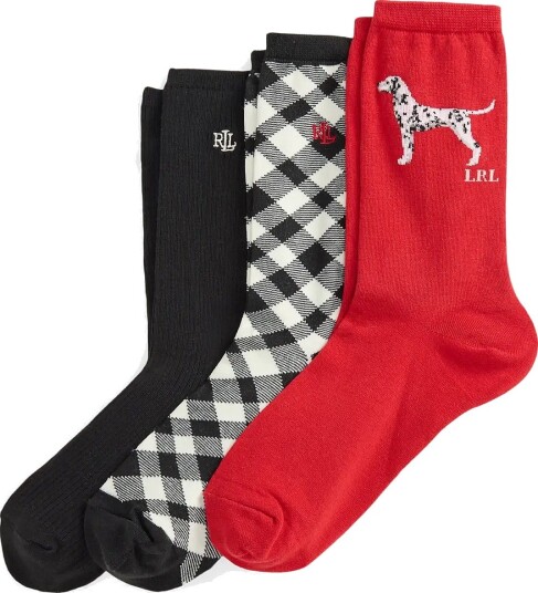 Lauren Ralph Lauren Patterned Cotton Blend Crew Sock 3 Pack   RED/ BLACK   38 42