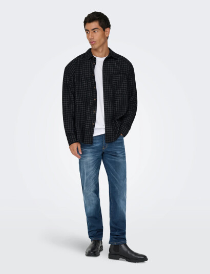 ONLY & SONS Onsbarney Rlx Check Ls Shirt Cf   Black   XXL