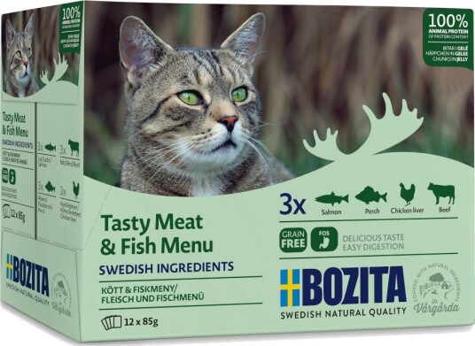 Bozita Biter I Gelé I Blandet Pakning Mixpakke Fiskog Kjøttmeny 4 Varianter 12 X 85 G